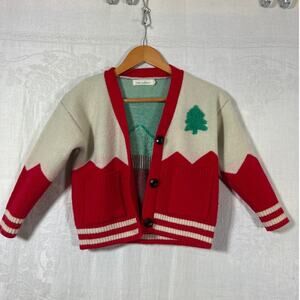 Nora Madison Cardigan Sweater 6 7Y Cream Red Green Christmas Tree Winter Varsity